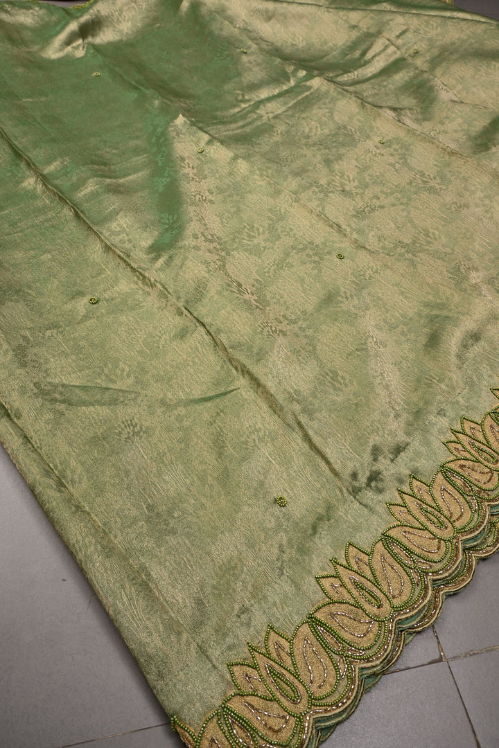 Green Vegan Viscose Tissue Silk Saree with Cutdana and Green Beads Lotus Embroidery Scallop Border | SHOBITAM