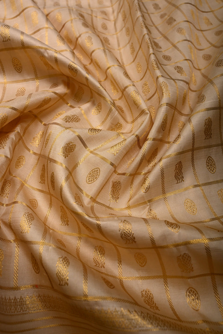 Beige Zari Checks on Kanjivaram Pure Silk Saree with Zari Buttas-Brocade and Rettaipet Zari Border | SILK MARK CERTIFIED | SHOBITAM