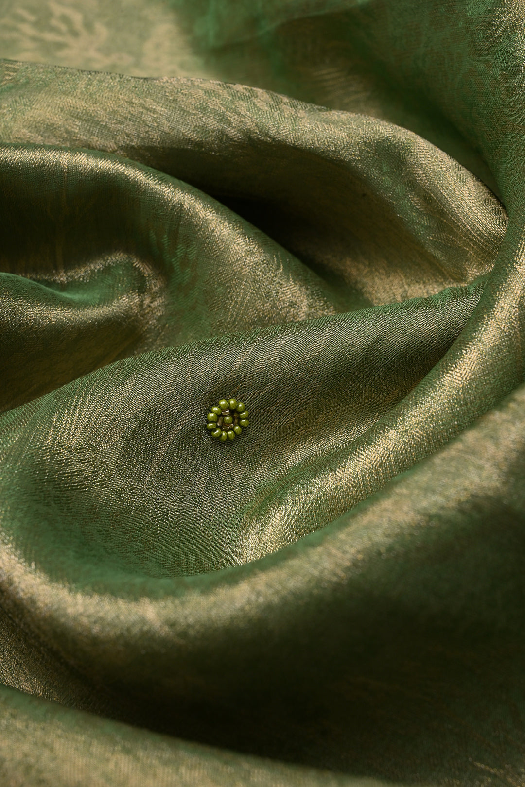 Green Vegan Viscose Tissue Silk Saree with Cutdana and Green Beads Lotus Embroidery Scallop Border | SHOBITAM