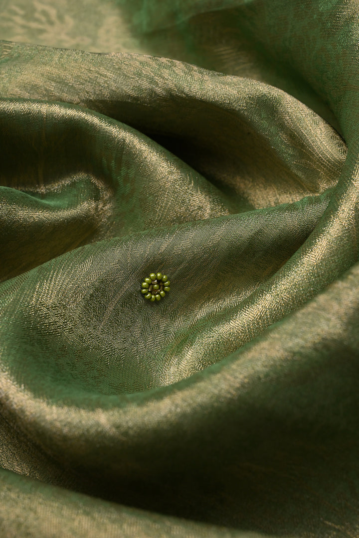 Green Vegan Viscose Tissue Silk Saree with Cutdana and Green Beads Lotus Embroidery Scallop Border | SHOBITAM