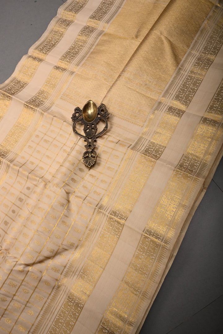 Beige Zari Checks on Kanjivaram Pure Silk Saree with Zari Buttas-Brocade and Rettaipet Zari Border | SILK MARK CERTIFIED | SHOBITAM
