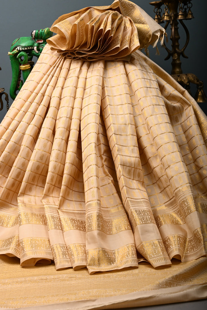 Beige Zari Checks on Kanjivaram Pure Silk Saree with Zari Buttas-Brocade and Rettaipet Zari Border | SILK MARK CERTIFIED | SHOBITAM