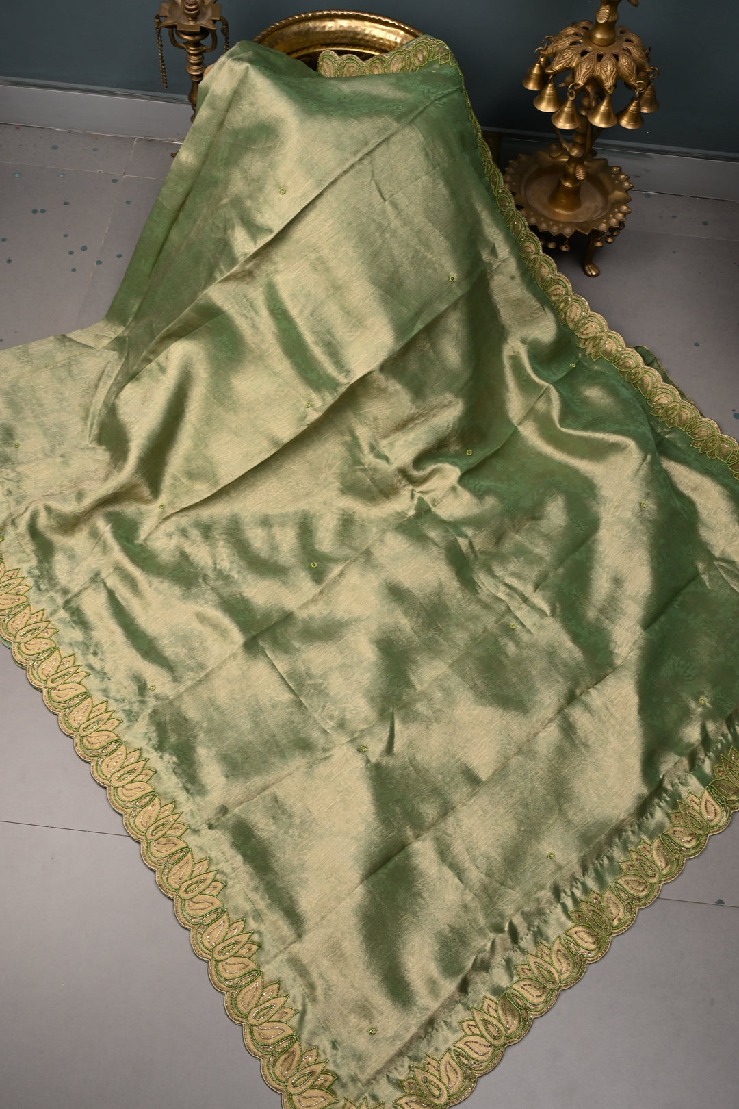Green Vegan Viscose Tissue Silk Saree with Cutdana and Green Beads Lotus Embroidery Scallop Border | SHOBITAM