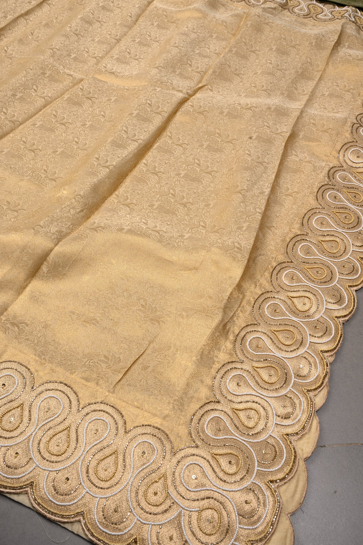 Tan Gold Vegan Viscose Silk Saree with Muted Zari Shikargah Brocade and Cutdana-Beads Scallop Border | SHOBITAM