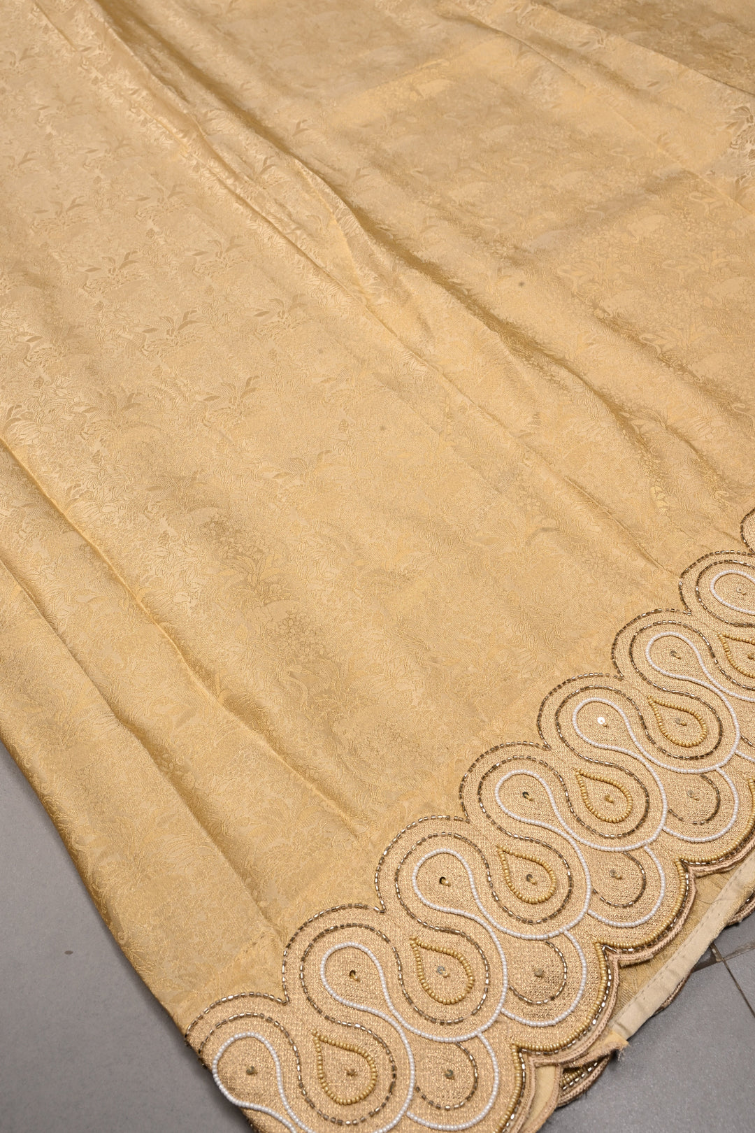 Tan Gold Vegan Viscose Silk Saree with Muted Zari Shikargah Brocade and Cutdana-Beads Scallop Border | SHOBITAM