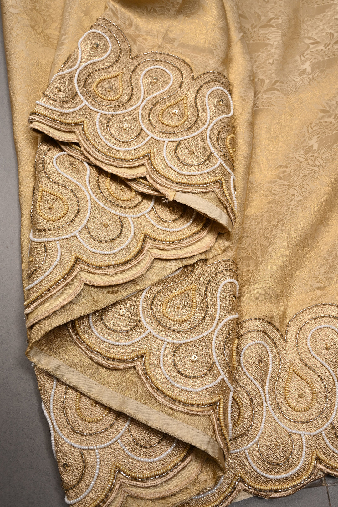 Tan Gold Vegan Viscose Silk Saree with Muted Zari Shikargah Brocade and Cutdana-Beads Scallop Border | SHOBITAM