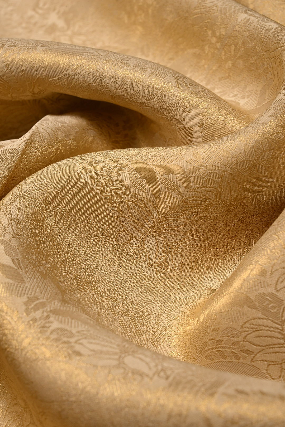 Tan Gold Vegan Viscose Silk Saree with Muted Zari Shikargah Brocade and Cutdana-Beads Scallop Border | SHOBITAM