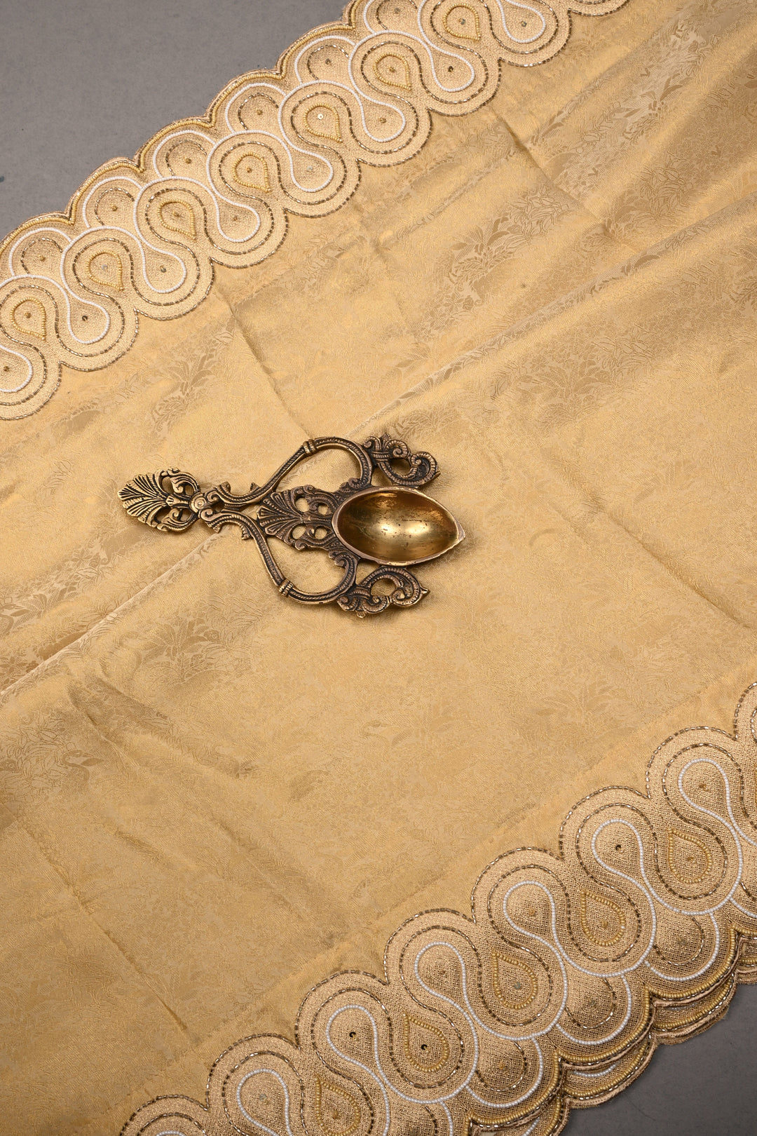 Tan Gold Vegan Viscose Silk Saree with Muted Zari Shikargah Brocade and Cutdana-Beads Scallop Border | SHOBITAM