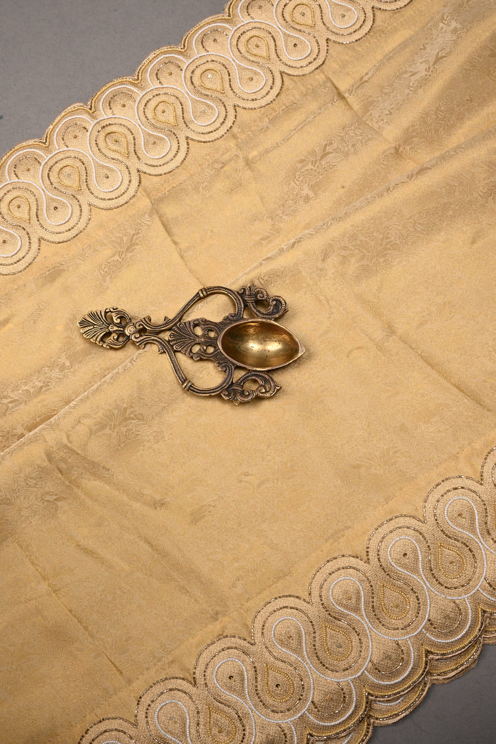 Tan Gold Vegan Viscose Silk Saree with Muted Zari Shikargah Brocade and Cutdana-Beads Scallop Border | SHOBITAM