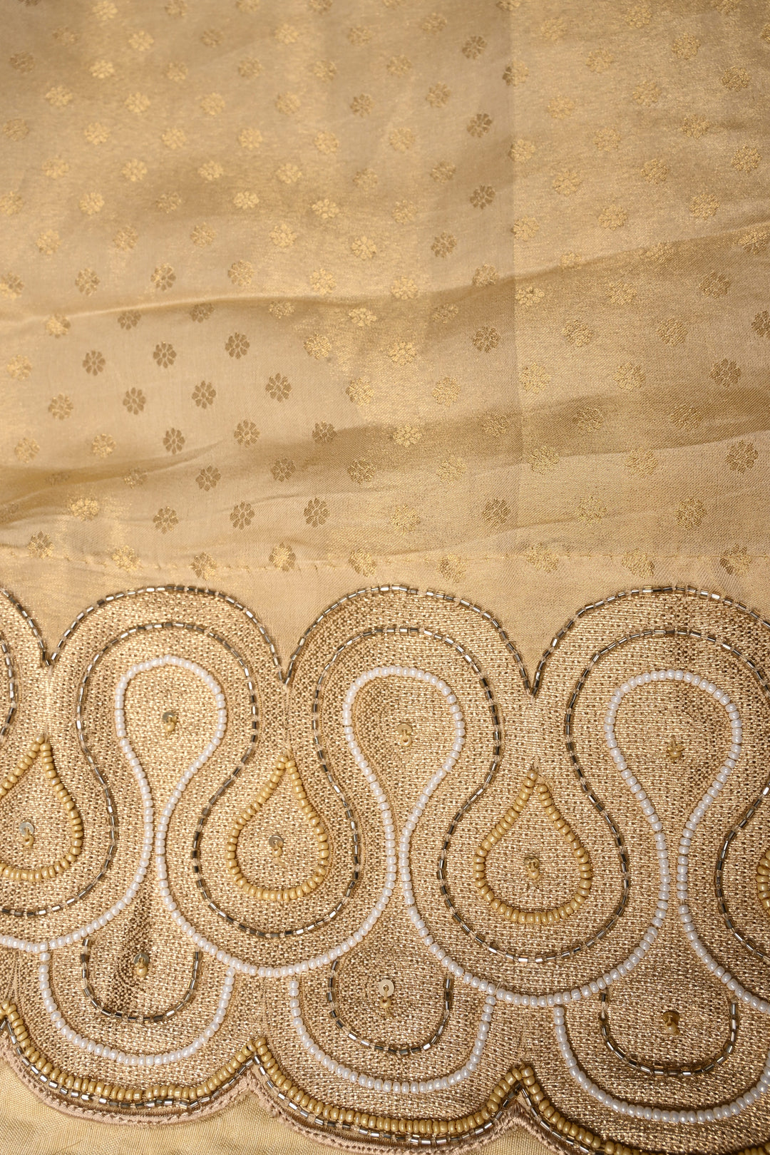 Tan Gold Vegan Viscose Silk Saree with Muted Zari Shikargah Brocade and Cutdana-Beads Scallop Border | SHOBITAM