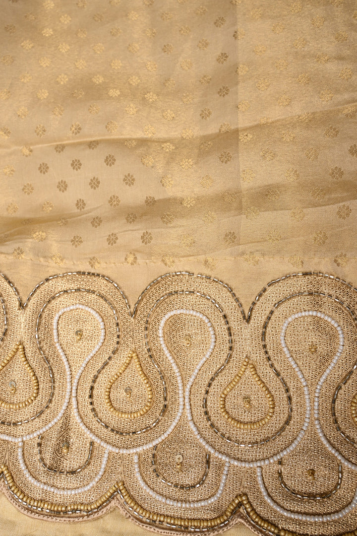Tan Gold Vegan Viscose Silk Saree with Muted Zari Shikargah Brocade and Cutdana-Beads Scallop Border | SHOBITAM