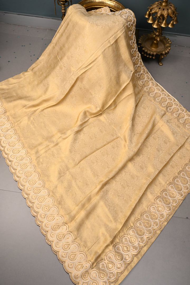 Tan Gold Vegan Viscose Silk Saree with Muted Zari Shikargah Brocade and Cutdana-Beads Scallop Border | SHOBITAM