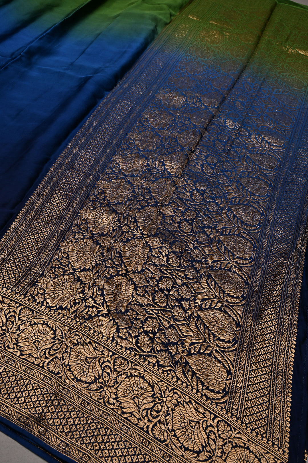 Blue-Green Ombre Vegan Viscose Silk Saree with Zari Border | SHOBITAM