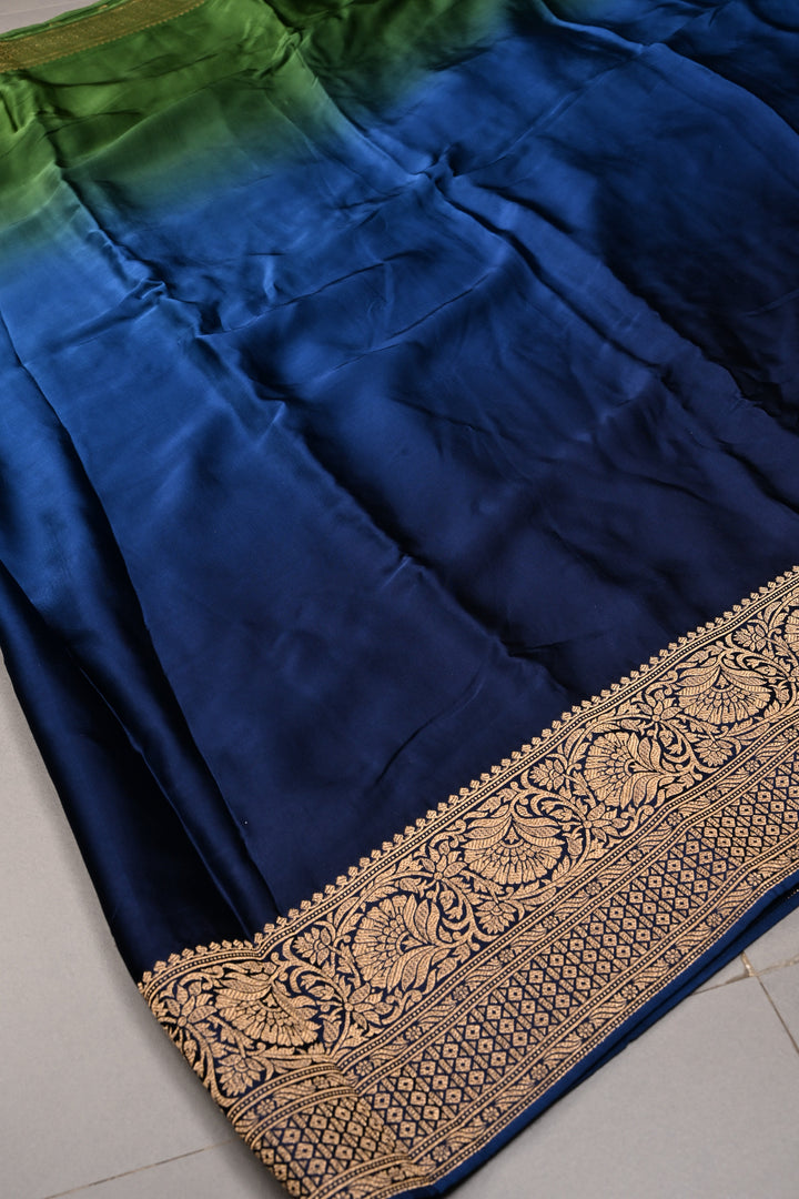 Blue-Green Ombre Vegan Viscose Silk Saree with Zari Border | SHOBITAM