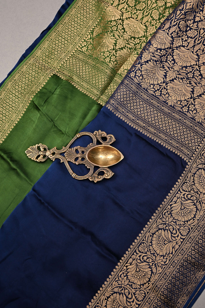 Blue-Green Ombre Vegan Viscose Silk Saree with Zari Border | SHOBITAM