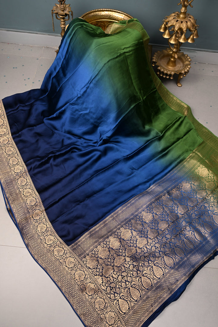 Blue-Green Ombre Vegan Viscose Silk Saree with Zari Border | SHOBITAM