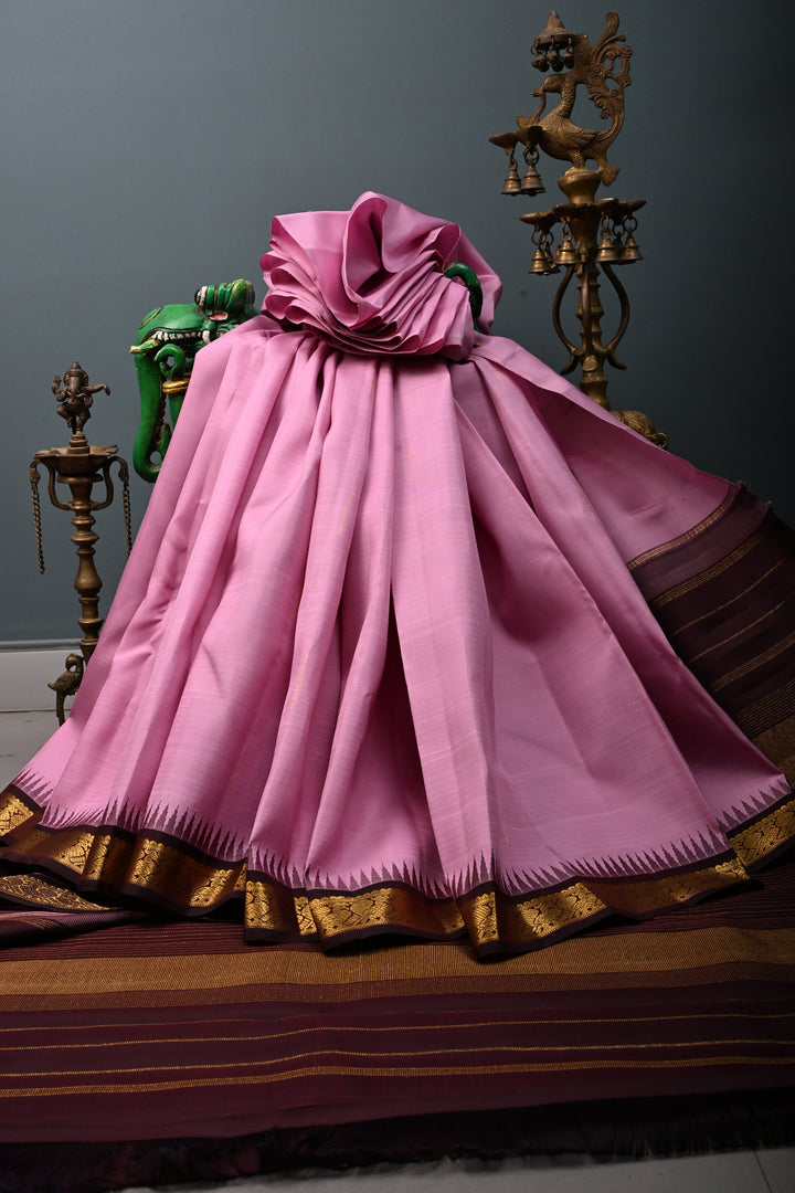 Bubblegum Pink Pure Kanjivaram Silk Saree with Rain Drops Buttas and One Side Contrast Minimal Zari Border | SILK MARK CERTIFIED | SHOBITAM