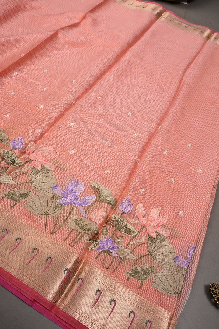 Peach Floral Embroidery on Kota Doria Cotton Saree with Muniya Zari Border | SHOBITAM
