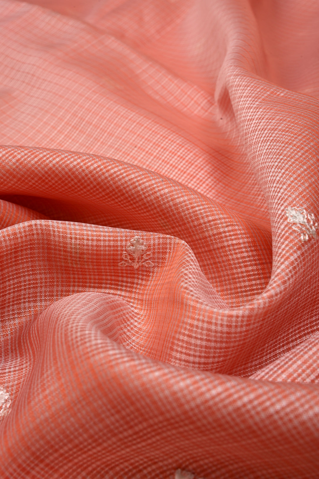 Peach Floral Embroidery on Kota Doria Cotton Saree with Muniya Zari Border | SHOBITAM