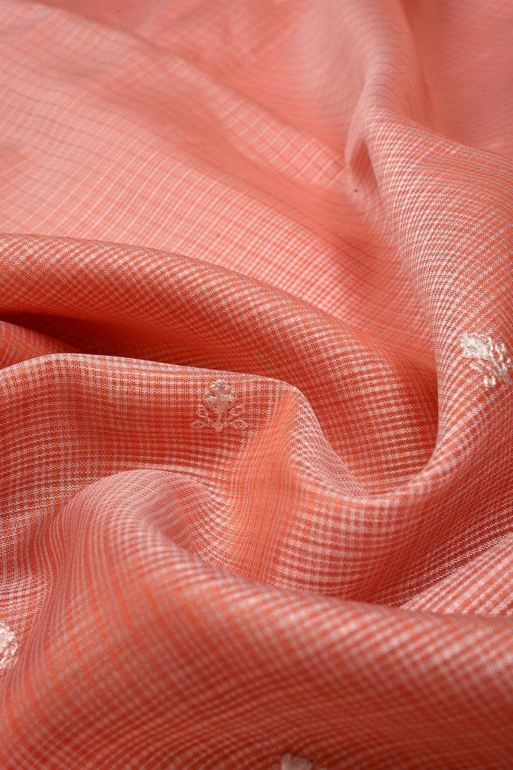 Peach Floral Embroidery on Kota Doria Cotton Saree with Muniya Zari Border | SHOBITAM