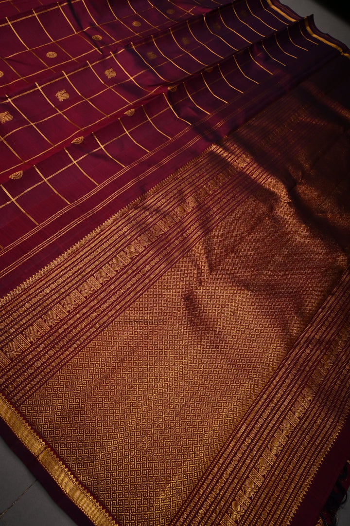 Burgandy Color Zari Checks on Kanjivaram Pure Silk Saree with Zari Buttas and Minimal Zari Border | SILK MARK CERTIFIED | SHOBITAM