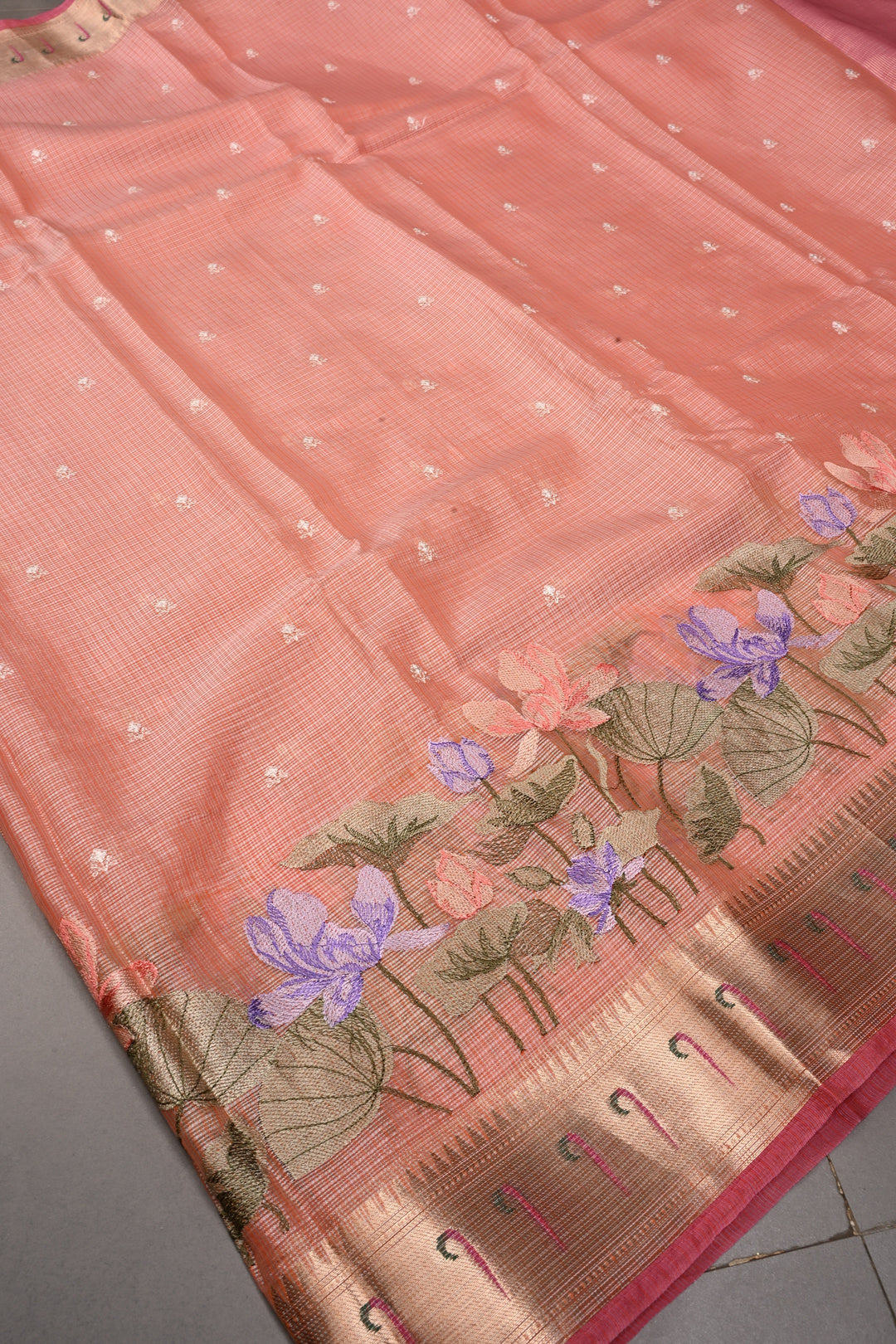 Peach Floral Embroidery on Kota Doria Cotton Saree with Muniya Zari Border | SHOBITAM