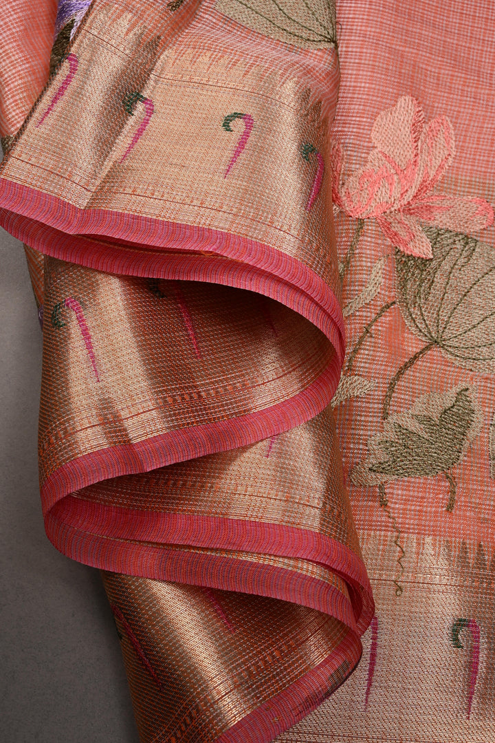 Peach Floral Embroidery on Kota Doria Cotton Saree with Muniya Zari Border | SHOBITAM