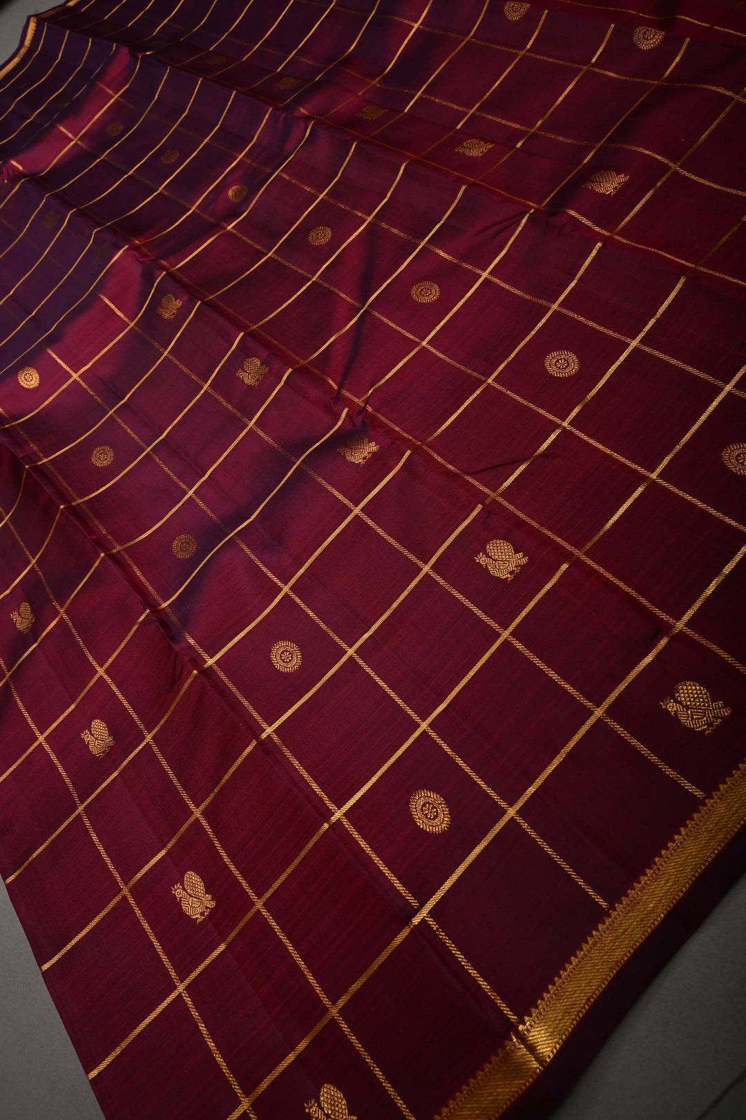 Burgandy Color Zari Checks on Kanjivaram Pure Silk Saree with Zari Buttas and Minimal Zari Border | SILK MARK CERTIFIED | SHOBITAM