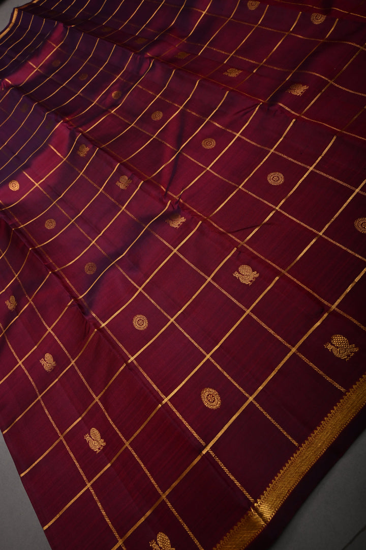 Burgandy Color Zari Checks on Kanjivaram Pure Silk Saree with Zari Buttas and Minimal Zari Border | SILK MARK CERTIFIED | SHOBITAM