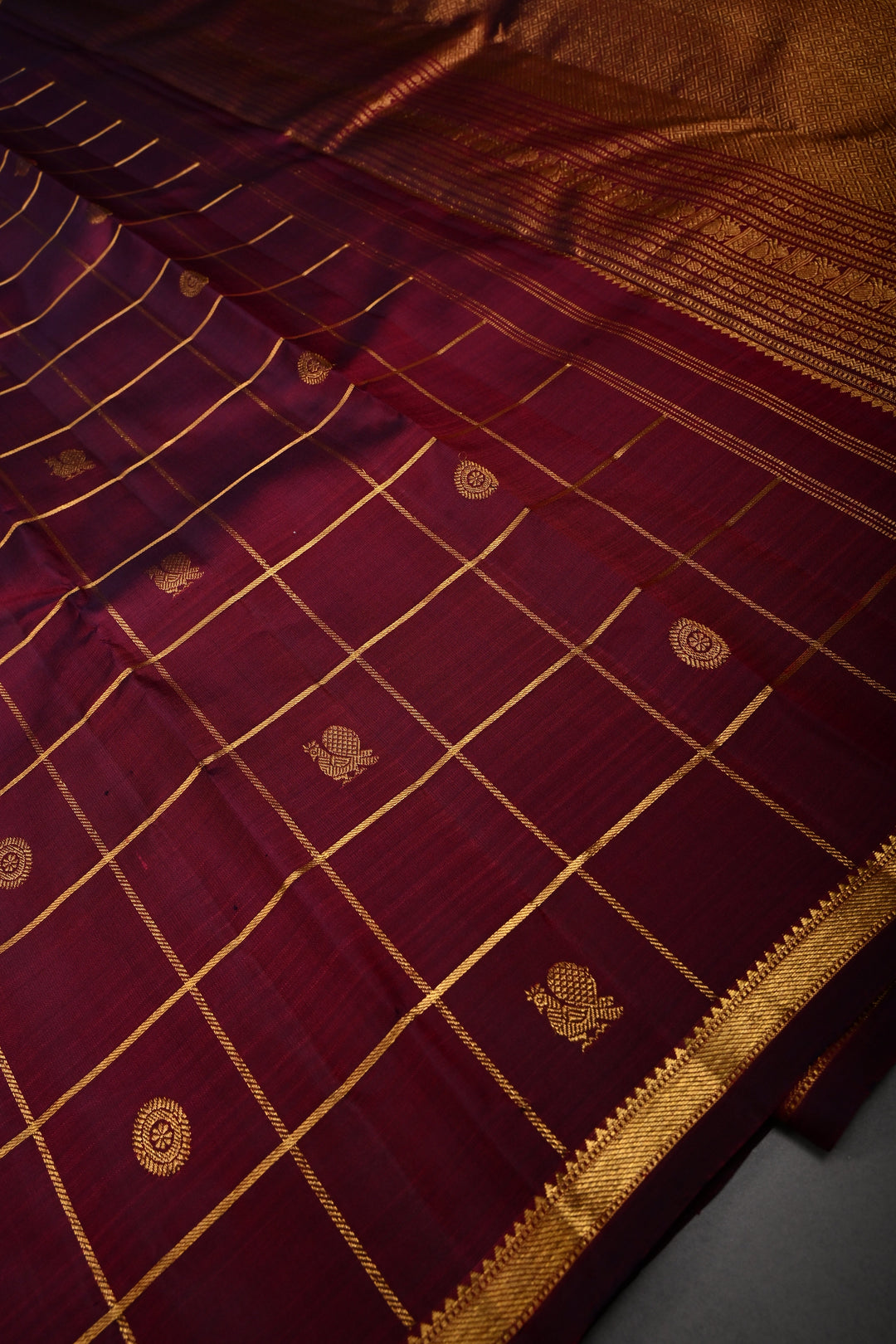 Burgandy Color Zari Checks on Kanjivaram Pure Silk Saree with Zari Buttas and Minimal Zari Border | SILK MARK CERTIFIED | SHOBITAM
