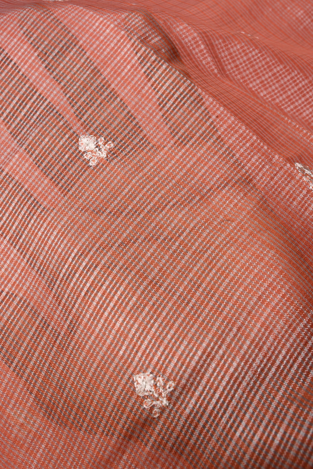 Peach Floral Embroidery on Kota Doria Cotton Saree with Muniya Zari Border | SHOBITAM