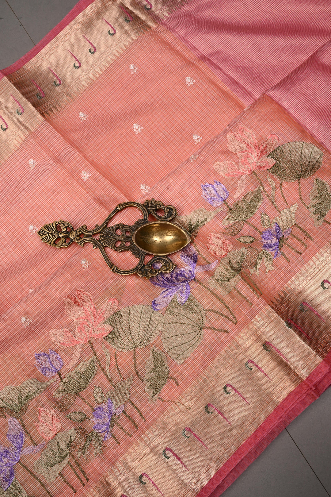 Peach Floral Embroidery on Kota Doria Cotton Saree with Muniya Zari Border | SHOBITAM