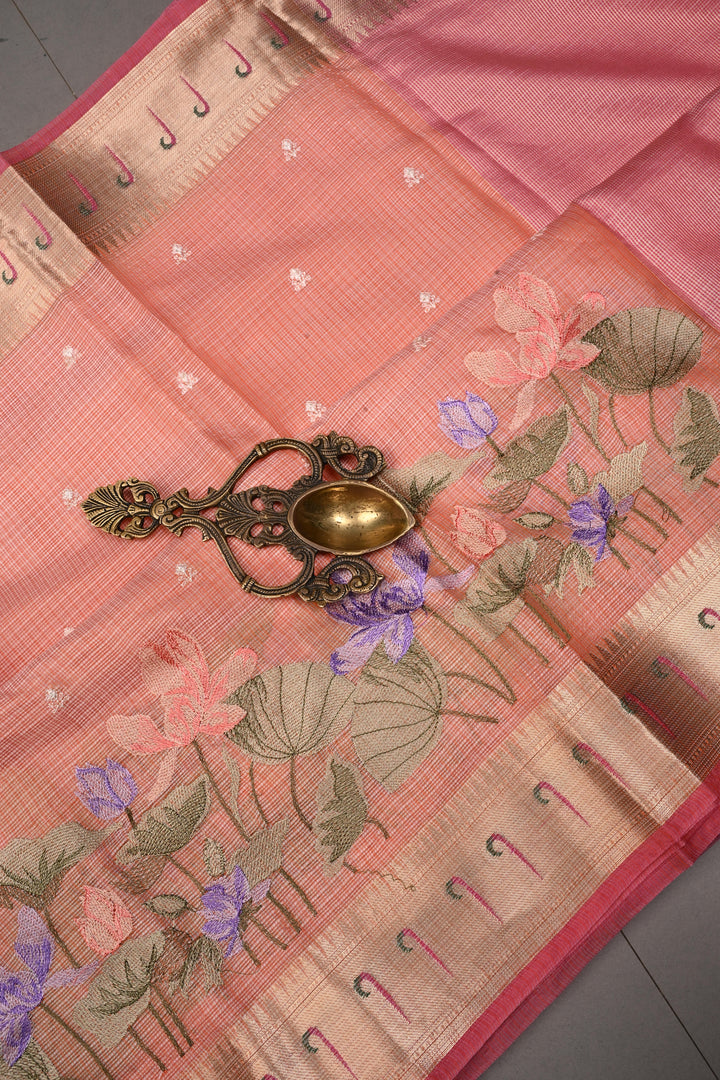 Peach Floral Embroidery on Kota Doria Cotton Saree with Muniya Zari Border | SHOBITAM
