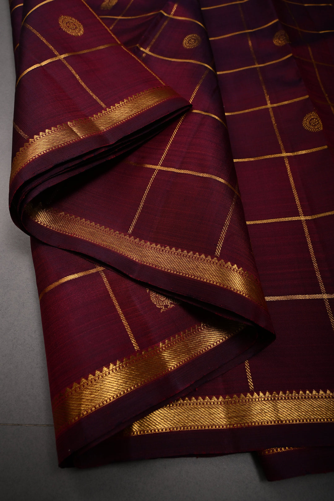 Burgandy Color Zari Checks on Kanjivaram Pure Silk Saree with Zari Buttas and Minimal Zari Border | SILK MARK CERTIFIED | SHOBITAM