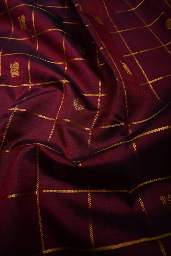 Burgandy Color Zari Checks on Kanjivaram Pure Silk Saree with Zari Buttas and Minimal Zari Border | SILK MARK CERTIFIED | SHOBITAM