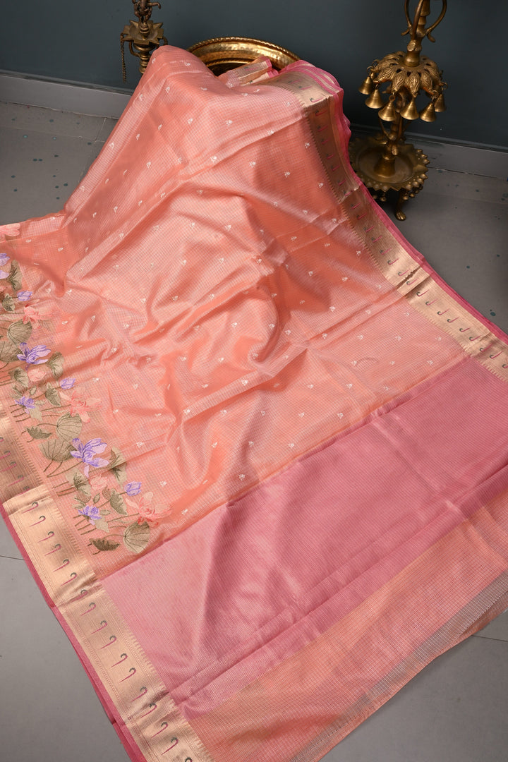 Peach Floral Embroidery on Kota Doria Cotton Saree with Muniya Zari Border | SHOBITAM