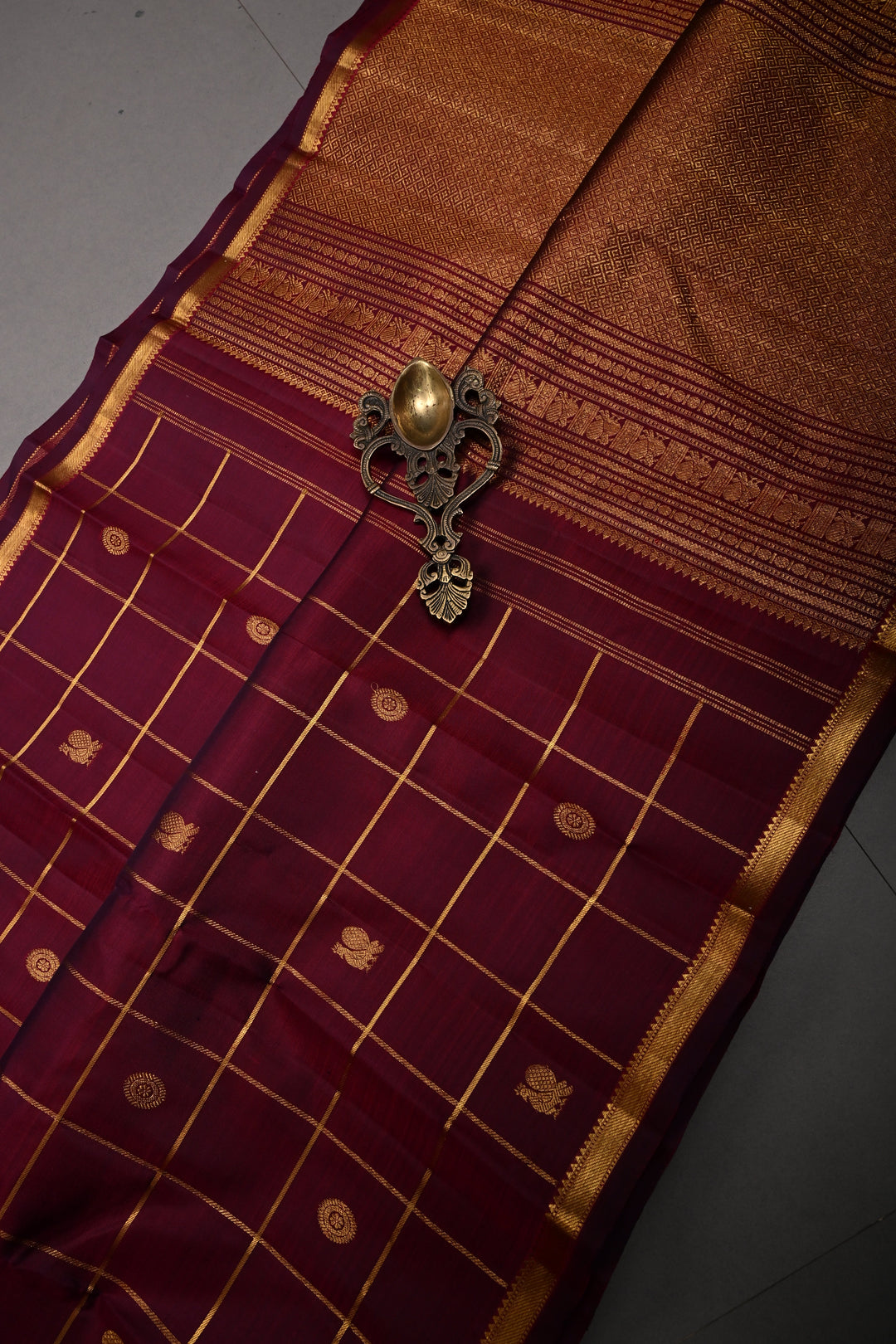 Burgandy Color Zari Checks on Kanjivaram Pure Silk Saree with Zari Buttas and Minimal Zari Border | SILK MARK CERTIFIED | SHOBITAM