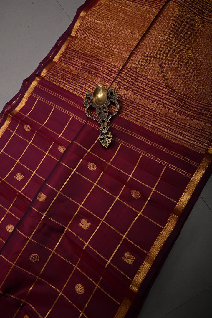 Burgandy Color Zari Checks on Kanjivaram Pure Silk Saree with Zari Buttas and Minimal Zari Border | SILK MARK CERTIFIED | SHOBITAM