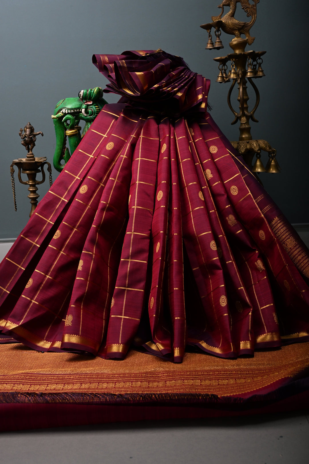 Burgandy Color Zari Checks on Kanjivaram Pure Silk Saree with Zari Buttas and Minimal Zari Border | SILK MARK CERTIFIED | SHOBITAM