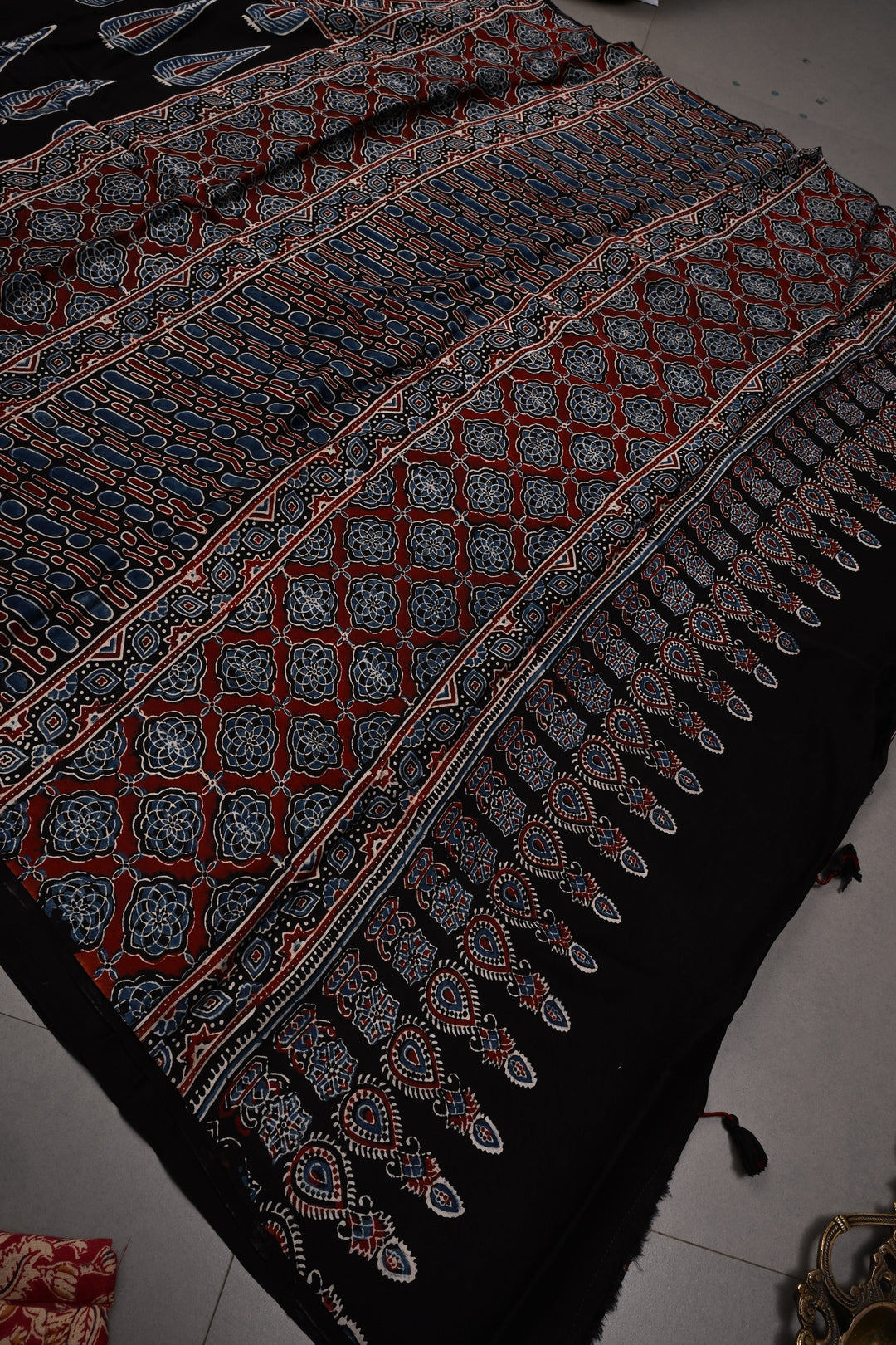 Black Modal Silk Saree with Ajrakh Hand Block Print  | SHOBITAM