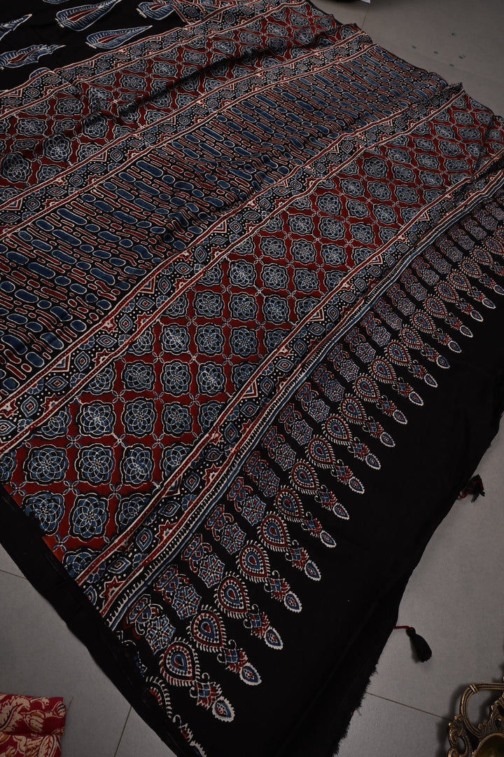 Black Modal Silk Saree with Ajrakh Hand Block Print  | SHOBITAM