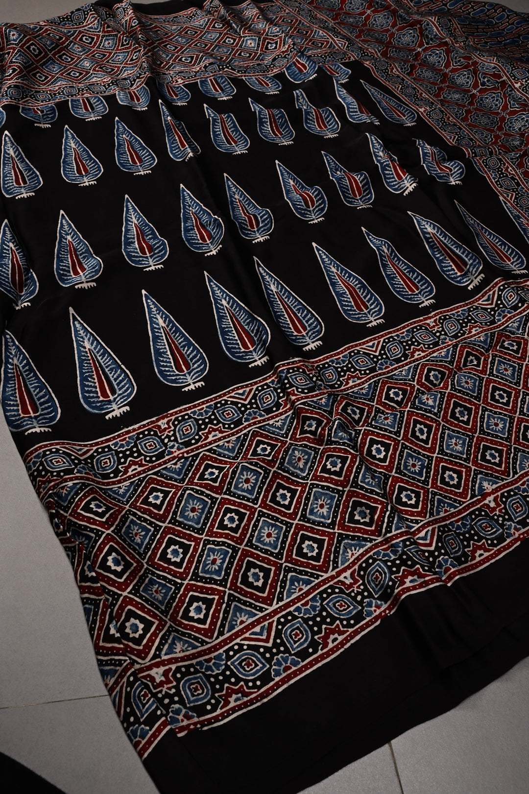 Black Modal Silk Saree with Ajrakh Hand Block Print  | SHOBITAM