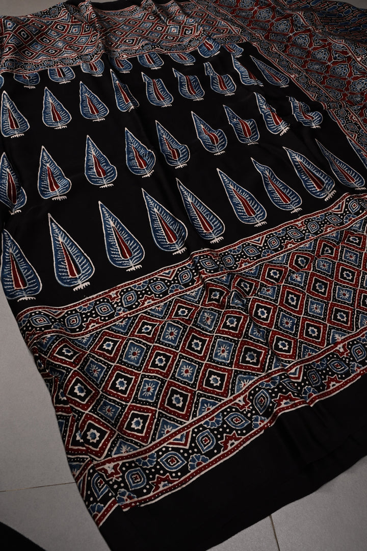 Black Modal Silk Saree with Ajrakh Hand Block Print  | SHOBITAM