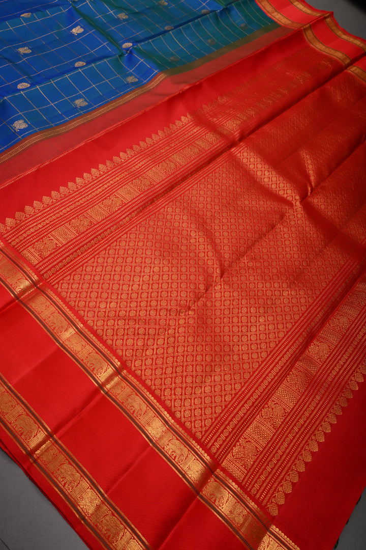 Blue-Green Dual Tone Korvai Zari Checks on Kanjivaram Pure Silk Saree with Zari Buttas and Contrast Rettaipet Zari Border | SILK MARK CERTIFIED | SHOBITAM