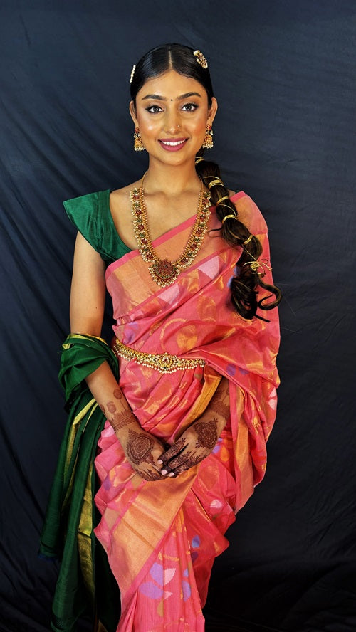 Chitrangada - Pink Handwoven Jamdani Silk Saree | SILK MARK CERTIFIED | SHOBITAM