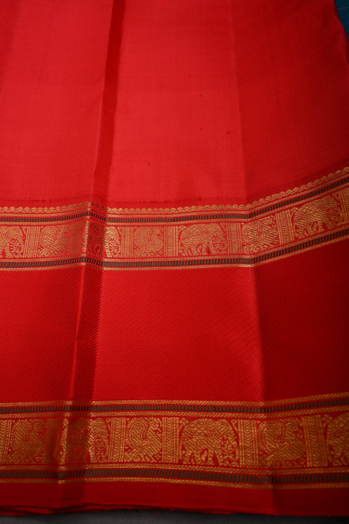 Blue-Green Dual Tone Korvai Zari Checks on Kanjivaram Pure Silk Saree with Zari Buttas and Contrast Rettaipet Zari Border | SILK MARK CERTIFIED | SHOBITAM