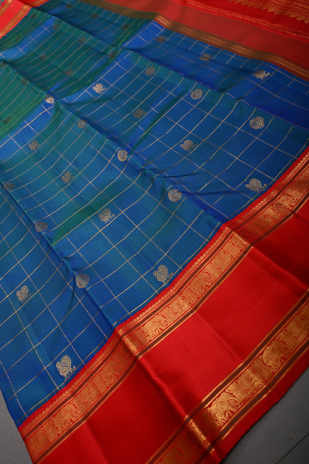 Blue-Green Dual Tone Korvai Zari Checks on Kanjivaram Pure Silk Saree with Zari Buttas and Contrast Rettaipet Zari Border | SILK MARK CERTIFIED | SHOBITAM