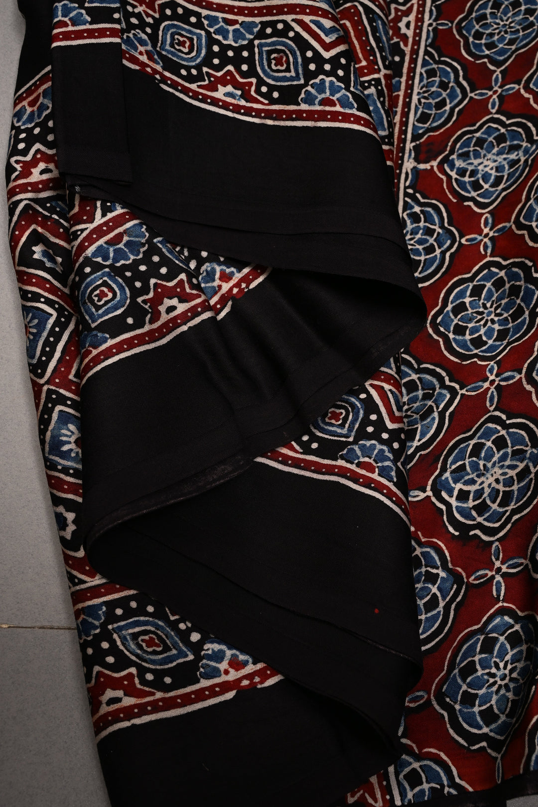 Black Modal Silk Saree with Ajrakh Hand Block Print  | SHOBITAM