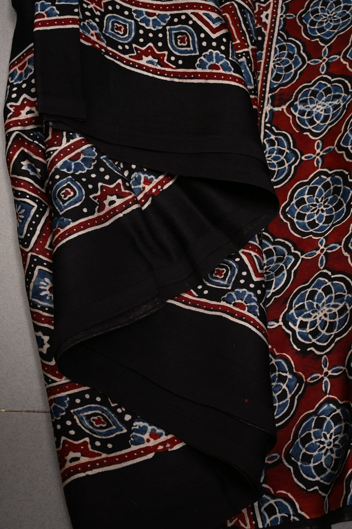 Black Modal Silk Saree with Ajrakh Hand Block Print  | SHOBITAM