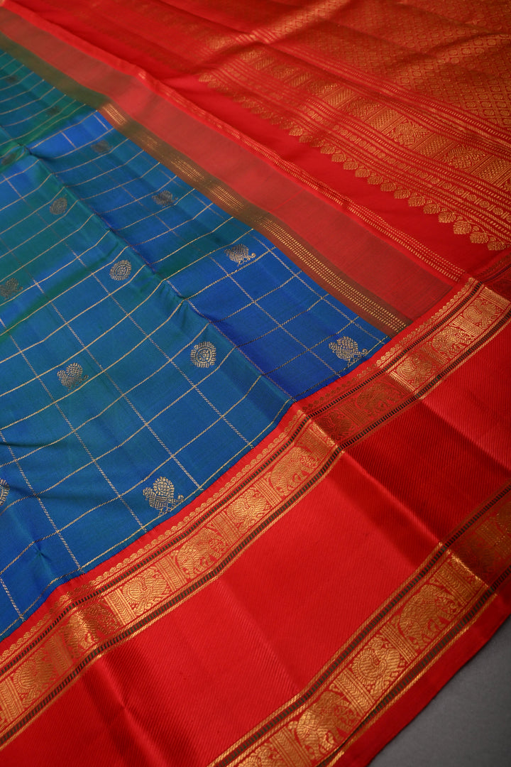 Blue-Green Dual Tone Korvai Zari Checks on Kanjivaram Pure Silk Saree with Zari Buttas and Contrast Rettaipet Zari Border | SILK MARK CERTIFIED | SHOBITAM